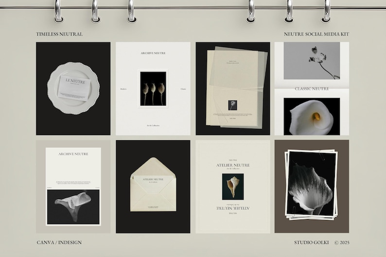 Puede incluir: Una colecci&oacute;n de elementos de dise&ntilde;o en tonos neutros, que incluye un plato con texto, im&aacute;genes bot&aacute;nicas y papeler&iacute;a. La imagen presenta el texto "TIMELESS NEUTRAL", "ARCHIVE NEUTRE", "ATELIER NEUTRE", "NEUTRE SOCIAL MEDIA KIT", "CANVA / INDESIGN" y "STUDIO GOLKI &copy; 2025".