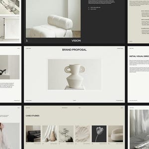 May include: A collection of images showcasing interior design elements and brand proposals. The images include a white sofa, black high-heeled shoes, a white vase with handles, and a wine glass. The overall aesthetic is minimalist and modern, with a focus on neutral tones and clean lines.