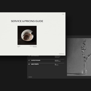 May include: A digital presentation with the title "SERVICE & PRICING GUIDE" and a photograph of a ceramic bowl. A grayscale image of a vase with a plant is also visible. The presentation is on a black background.