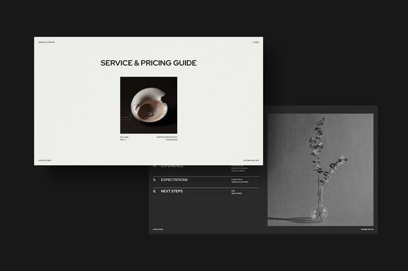 May include: A digital presentation with the title "SERVICE & PRICING GUIDE" and a photograph of a ceramic bowl. A grayscale image of a vase with a plant is also visible. The presentation is on a black background.