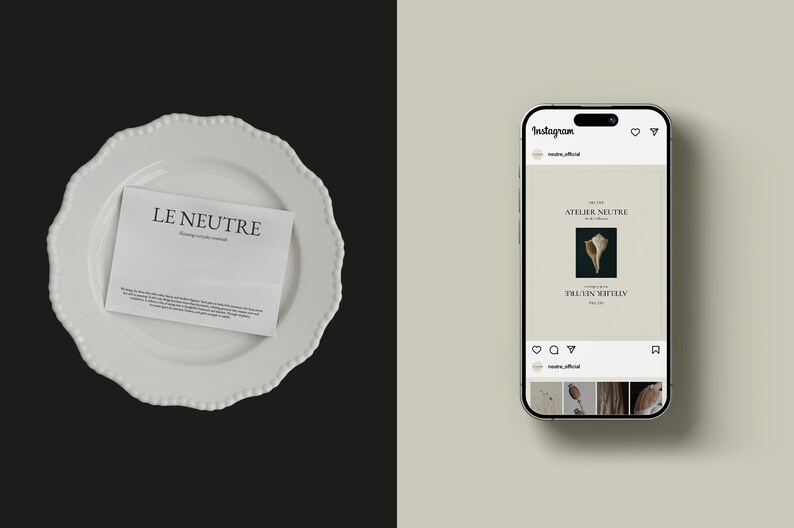 Puede incluir: Un plato blanco con borde festoneado con un papel doblado que muestra el texto "LE NEUTRE". Un smartphone a la derecha muestra una publicaci&oacute;n de Instagram con un gr&aacute;fico de concha y el texto "ATELIER NEUTRE".