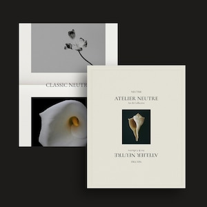 Puede incluir: Dos impresiones art&iacute;sticas con una est&eacute;tica minimalista. Una presenta una flor en blanco y negro, la otra un lirio de agua blanco. Una tercera impresi&oacute;n muestra una concha y el texto "ATELIER NEUTRE Art & Collectibles."