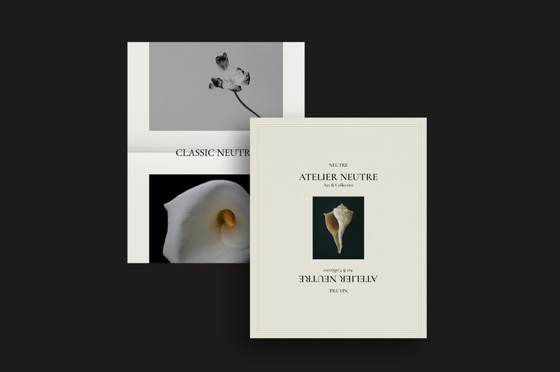 Puede incluir: Dos impresiones art&iacute;sticas con una est&eacute;tica minimalista. Una presenta una flor en blanco y negro, la otra un lirio de agua blanco. Una tercera impresi&oacute;n muestra una concha y el texto "ATELIER NEUTRE Art & Collectibles."