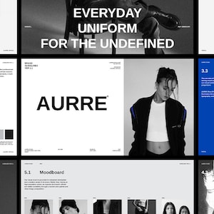 Peut inclure: Un document de présentation d'identité de marque pour AURRE avec des photographies en noir et blanc, une typographie grasse et une palette de couleurs bleu vif. La mise en page inclut des sections sur les ratios de couleurs et le style.