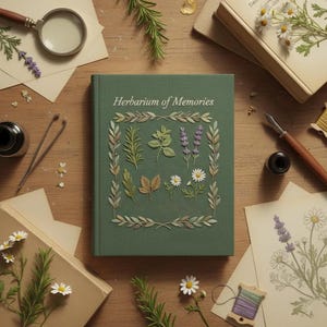 May include: A green journal titled "Herbarium of Memories" with embroidered botanical designs. The cover features various plants and flowers. Other items include a magnifying glass, inkwell, and vintage books, all arranged on a wooden surface.