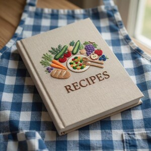 May include: A beige recipe book with embroidered vegetables, fruits, and the word "RECIPES" in brown. The book is on a blue and white checkered apron.