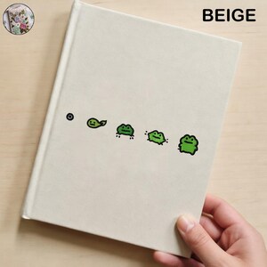 May include: Beige notebook with a series of green frog illustrations. The word "BEIGE" is printed in black at the top right. The notebook is held by a hand.