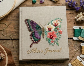 Yellow Rose Embroidered Linen Journal, Butterfly Floral Notebook, Handmade Cloth Bound Diary, Botanical Sketchbook, Gift for Her, A5