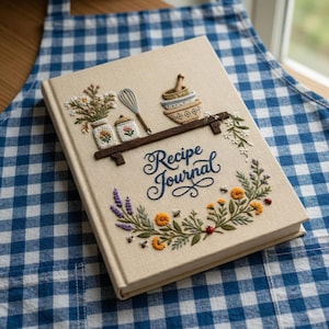Ręcznie haftowany dziennik przepisów, kwiatowy kalendarz kuchenny, rustykalny organizer na książki kucharskie, spersonalizowany prezent dla mamy piekarza w stylu vintage
