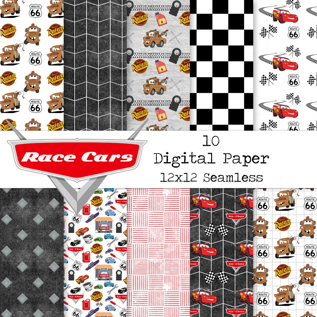 Race Cars Digital Paper Set of 10 Printable 12x12 Background Journal Scrapbook Pattern Texture ...