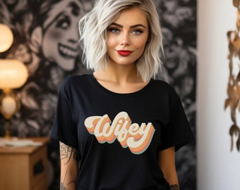 Wifey Retro Tee Gift For Bride to Be Honeymoon Era Tshirt Wife Shirt Matching Wedding Party Group Her Pride Bridal Shower Bachelorette Gifts