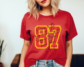 Karma is the Guy Kansas City Chiefs 87 Tee Taylor Travis Kelce Girl Game Day Football Heather Red Bella Canvas Shirt Super Bowl Swift Lyrics