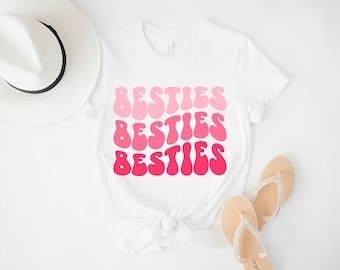 Besties Tee Best Friend Pink Retro Wavy Bubble Text Shirt Matching Bridal Gift For Her BFF Girls Trip Trendy Bachelorette Party Group Tshirt
