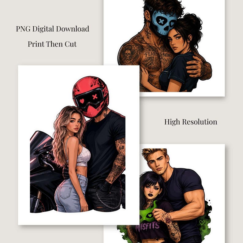 May include: Digital download art prints featuring couples in various poses. One print shows a couple with a motorcycle, another with a skull mask, and a third with a green shirt that says "Misfits". The text "PNG Digital Download Print Then Cut" is also visible.