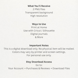 May include: Text on a white background details a digital download. It lists what you receive: 2 PNG files with a transparent background and high resolution. It also shows ways to use the files, important notes, and Etsy download access instructions.