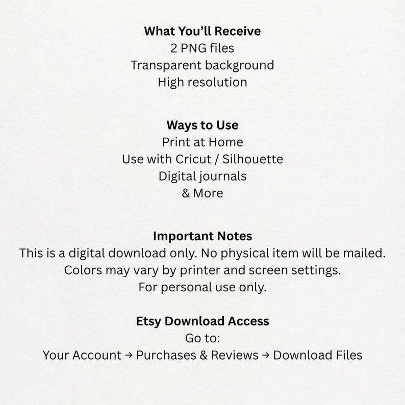 May include: Text on a white background details a digital download. It lists what you receive: 2 PNG files with a transparent background and high resolution. It also shows ways to use the files, important notes, and Etsy download access instructions.