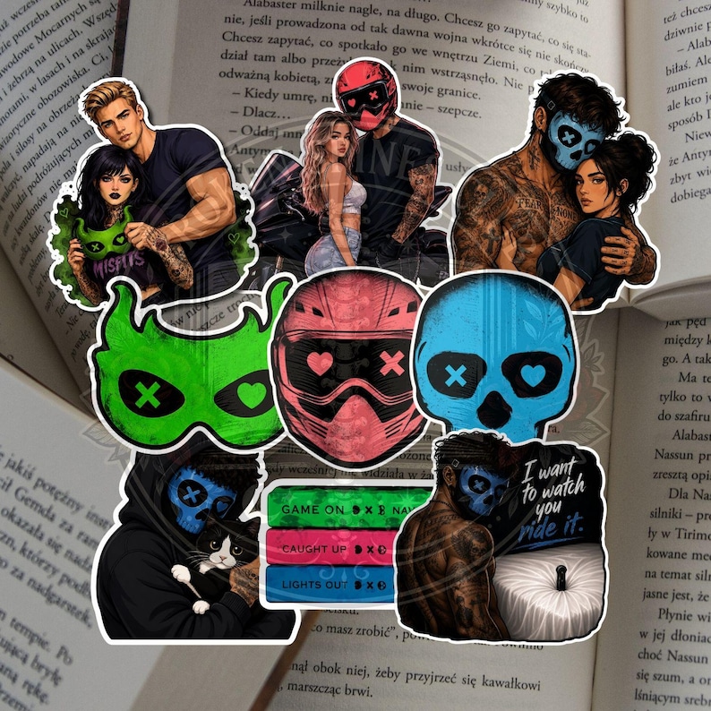 May include: A collection of stickers featuring illustrations of couples, skulls, and text. The stickers showcase a variety of designs, including a green mask, a pink helmet, and a blue skull. Some stickers have text like "MISFITS" and "I want to watch you ride it."