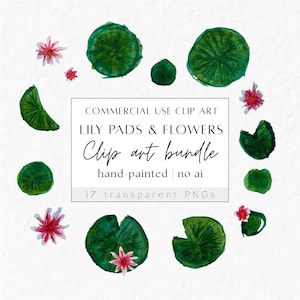 Almofadas de lírio e flores em aquarela - Clip Art floral botânico, Arte de parede para impressão - Download digital para projetos "faça você mesmo", Decoração de casa