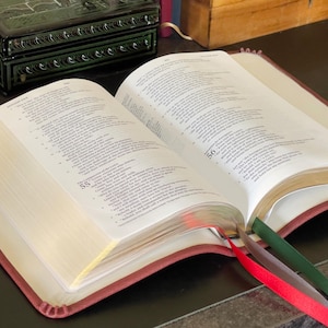 Pode incluir: Um livro aberto com bordas vermelhas e três fitas coloridas como marcadores. As páginas estão cheias de texto. O livro está sobre uma superfície escura, com frascos de tinta e uma caixa decorativa ao fundo.