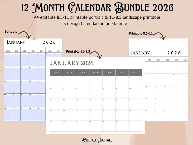 2026 Editable Calendar Bundle 12 Month Printable and Fillable PDF 3 ...