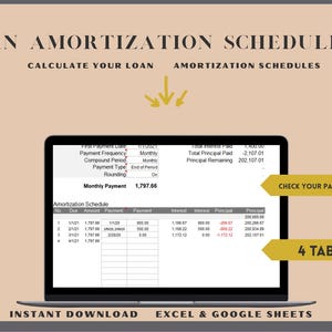 May include: A laptop screen shows a loan amortization schedule, with the text "LOAN AMORTIZATION SCHEDULES." The display includes monthly payments and an amortization schedule with 4 tabs. The image also includes the text "INSTANT DOWNLOAD EXCEL & GOOGLE SHEETS."
