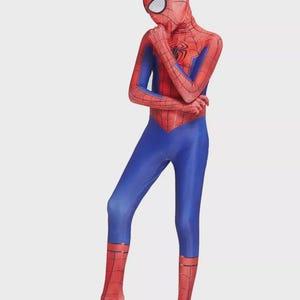 May include: A full-body Spider-Man costume in red and blue. The costume features a red mask with white eye lenses, a red torso with a black spider emblem, and blue legs. The costume is made of a stretchy material.