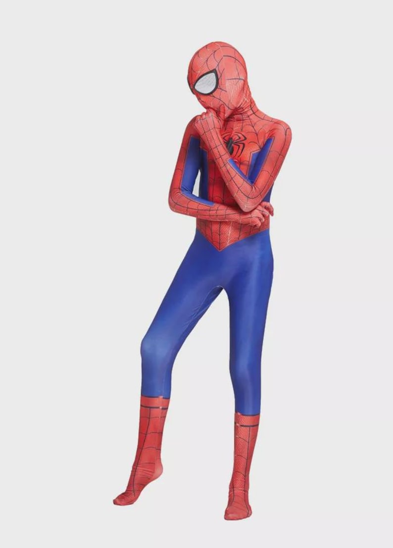 May include: A full-body Spider-Man costume in red and blue. The costume features a red mask with white eye lenses, a red torso with a black spider emblem, and blue legs. The costume is made of a stretchy material.