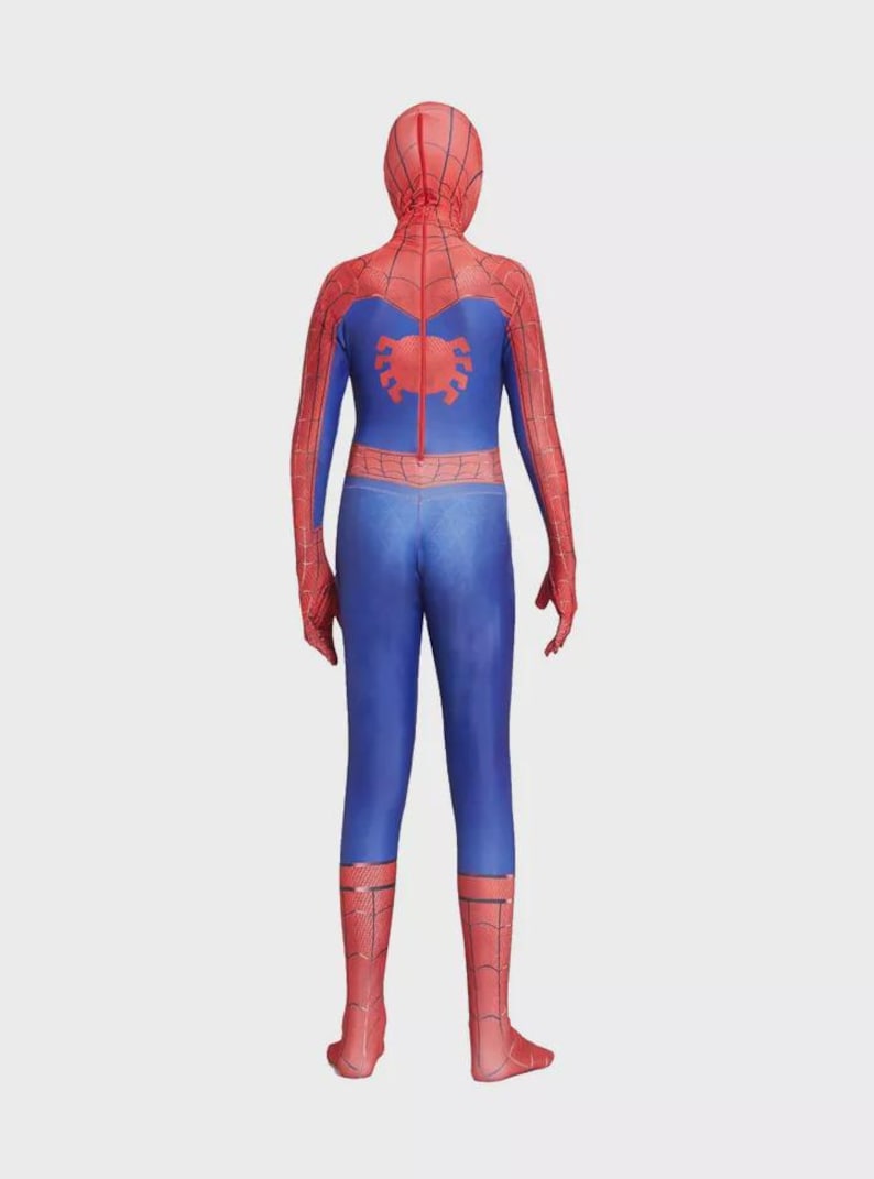 May include: A blue and red Spider-Man costume. The full-body suit features a red hood, arms, and legs with a web pattern. The torso and lower legs are blue, with a red spider emblem on the back.