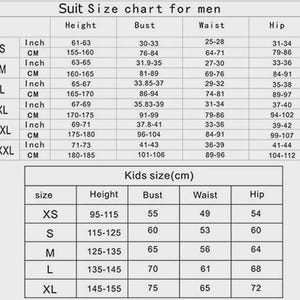 May include: A suit size chart for men and kids, with measurements in inches and centimeters. The chart includes height, bust, waist, and hip measurements for various sizes, from S to XXXL for men and XS to XL for kids.