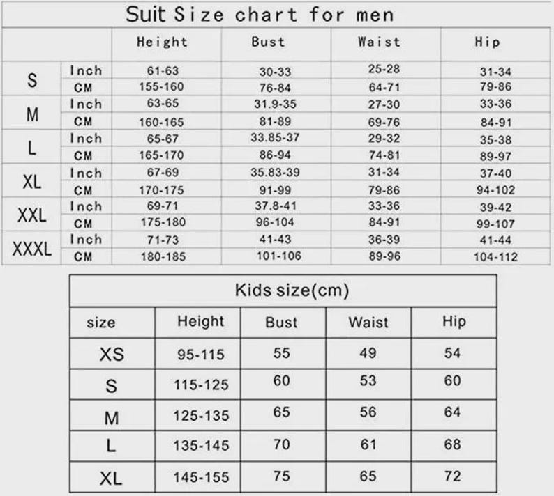 May include: A suit size chart for men and kids, with measurements in inches and centimeters. The chart includes height, bust, waist, and hip measurements for various sizes, from S to XXXL for men and XS to XL for kids.