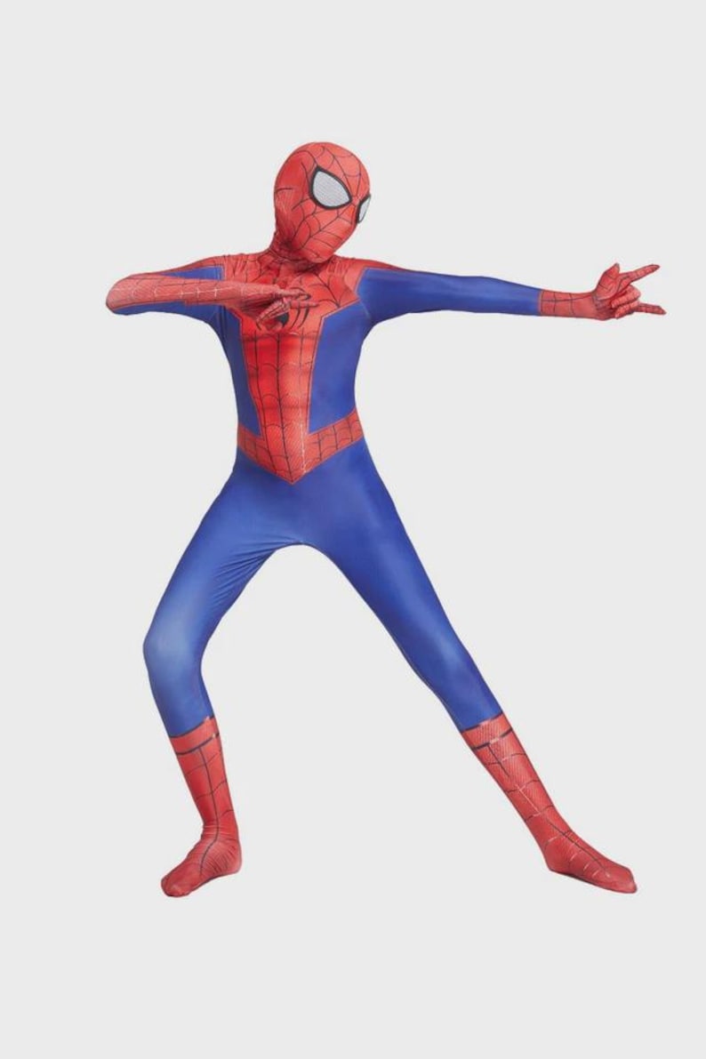 May include: A full-body Spider-Man costume in blue and red. The costume features a red mask with white eye lenses, a red spider emblem on the chest, and red accents on the legs and arms. The person is in a dynamic pose.