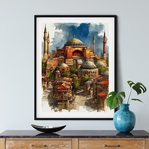 Hagia Sophia Istanbul – Colorful Watercolor and Ink Architecture Wall Art Print