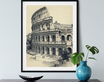 Colosseum Rome Sketch Print Fine Line Architectural Drawing Digital Download