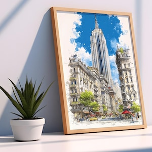 Empire State Building Street View Wall Art - Watercolor & Ink NYC Architecture Print, New York Cityscape Poster