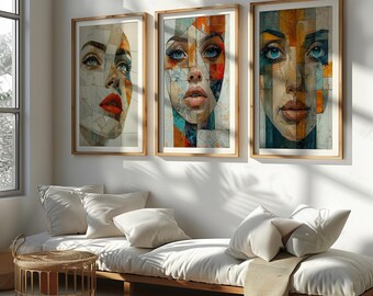 Cubist Woman Portrait Art Set of 3 Modern Fragmented Face Prints Digital Download