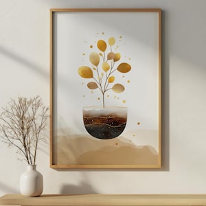Golden Botanical Tree Print: Minimalist Earthy Wall Art (Digital Download)