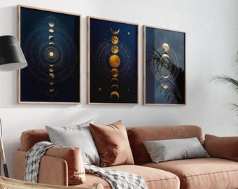 Gold Moon Phase Art Prints Navy Celestial Wall Decor Digital Download