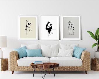 Modernes Family Line Art Print - Minimalistische Silhouette Illustration Set von Eltern und Kind