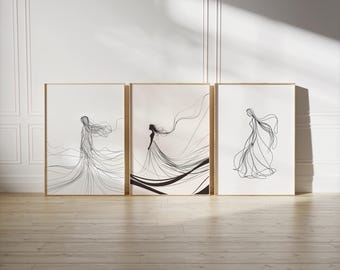 Minimalist Woman Line Art Prints Flowing Hair Silhouette Set Digital Download