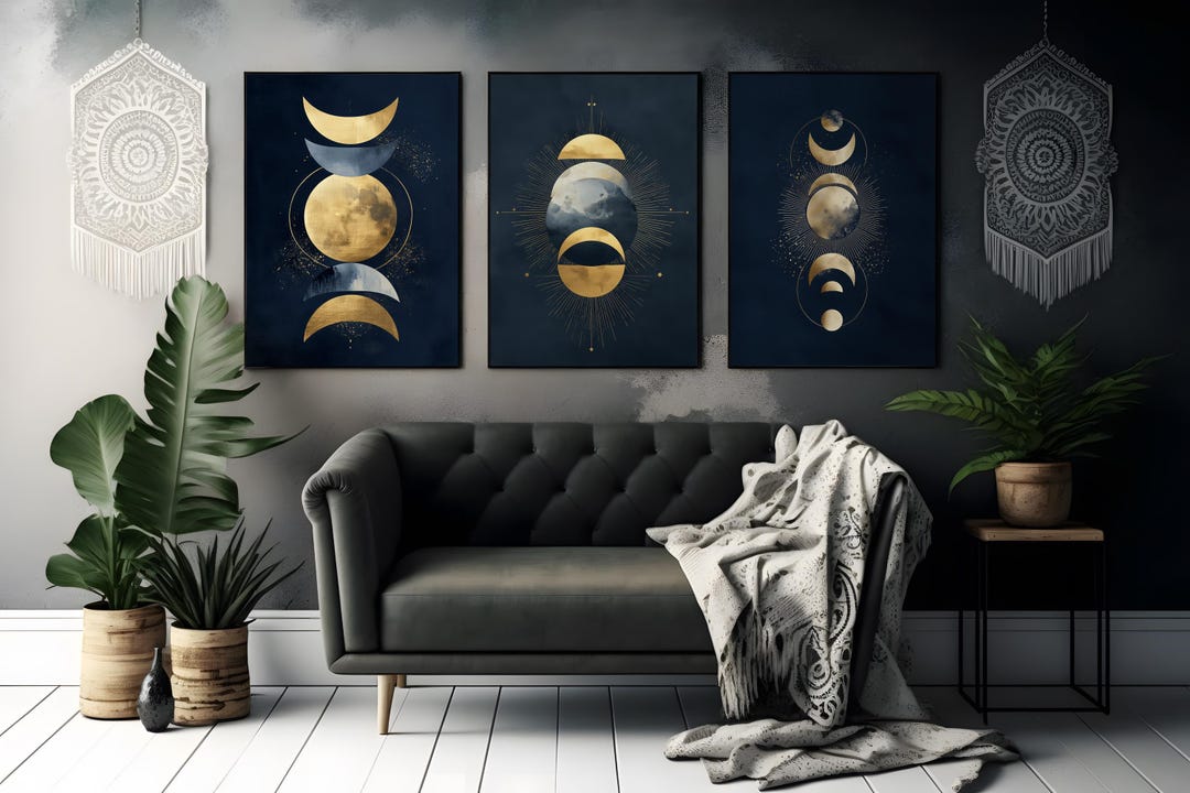 Moon Phase Wall Art Gold and Navy Prints - Boho Digital Download - Etsy UK