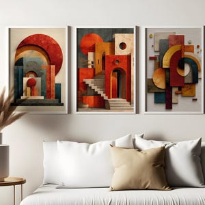 Colorful Bauhaus Wall Art Set | Mid Century Abstract Architecture Prints | Geometric Retro Digital Poster for Modern Interior