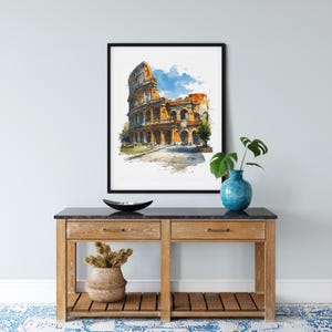Colosseum Rome Wall Art - Watercolor & Ink Roman Architecture Print, Historic Landmark Illustration