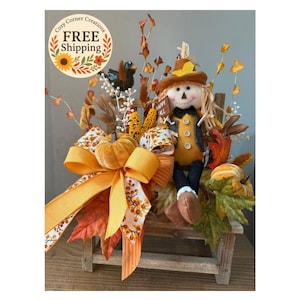 Happy Fall Scarecrow Centerpiece – Rustic Bench Display with Pumpkins, Crow & Indian Corn -  FREE SHIPPING!