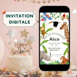 Invitation d'anniversaire numérique à personnaliser - Carte animée animaux - Modèle modifiable sur Canva - Partage sur Whatsapp et email