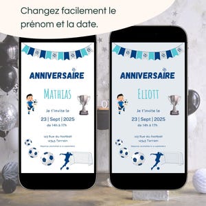 Personnalisez vos invitations d'anniversaire numériques - carte d'invitation thème football pour anniversaire enfant - Partage par sms, mail