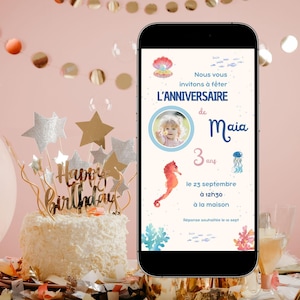 Invitation d'anniversaire numérique avec photo, personnalisable facilement avec canva, carte animée animaux marins, pour anniversaire enfant
