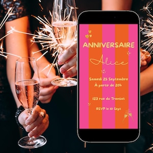 Crée tes invitations anniversaire numérique à personnaliser - Carte animée rayures orange et rose - Modifie sur Canva - Partage sur Whatsapp