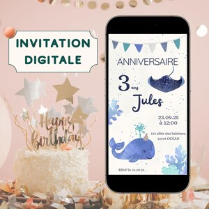 Carte d'invitation d'anniversaire personnalisable, carte animée baleine, pour enfant, parsonnalise sur Canva, partage sur Whatsapp