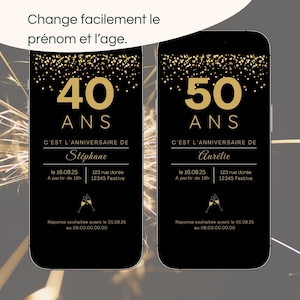 Invitation d'anniversaire 40 ans modifiable, design noir et or, personnalisable avec Canva, invitation par mail ou Whatsapp