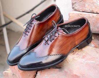 Zapatos Oxford de piel de dos tonos con punta de ala hechos a mano - Calzado de diseño para hombre